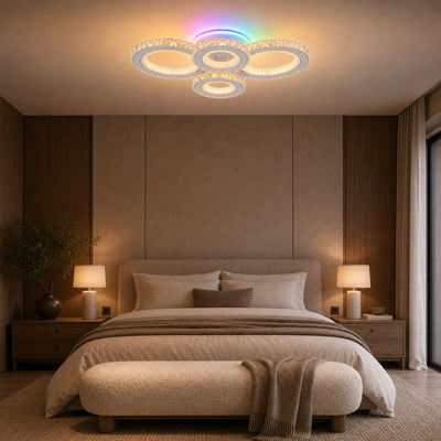 LED stropní svítidlo s dálkovým ovládáním a krystalem NOVA ROTONDA RGB 82W, 4 kruhy, studené/teplé/neutrální světlo, stmívatelné, bílá