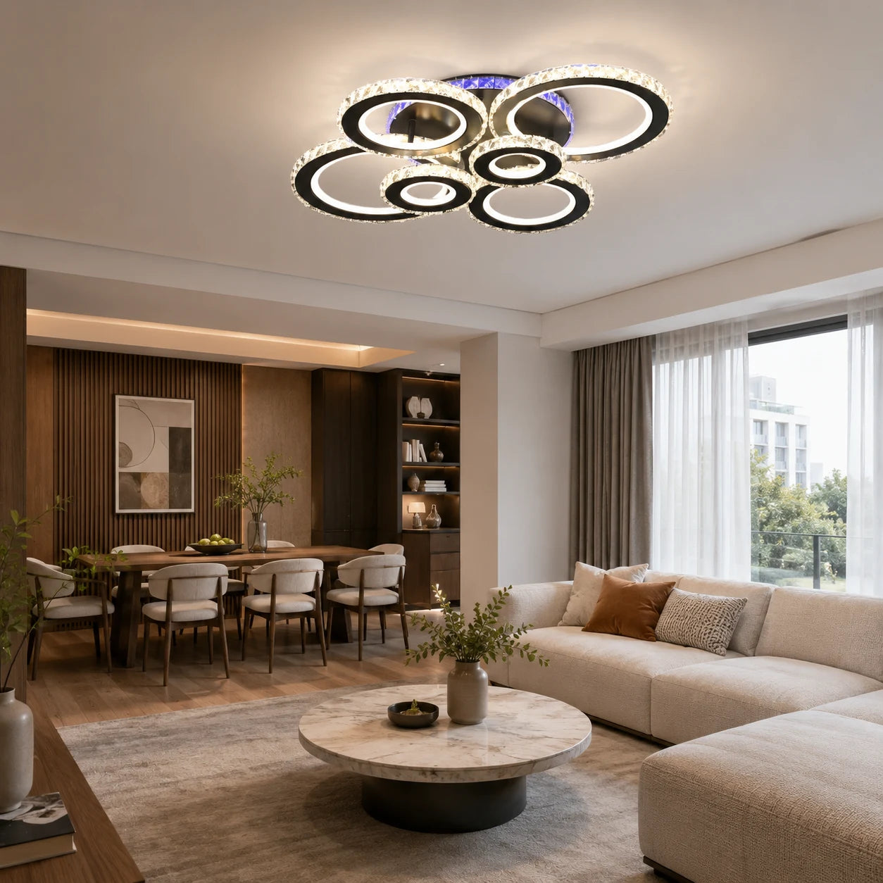 LED lustr s dálkovým ovládáním a krystalem NOVA ROTONDA RGB 145W, 6 kruhů, Studené/Teplé/Neutrální světlo, Stmívatelné, Černá - 08_LT073-6BK.png