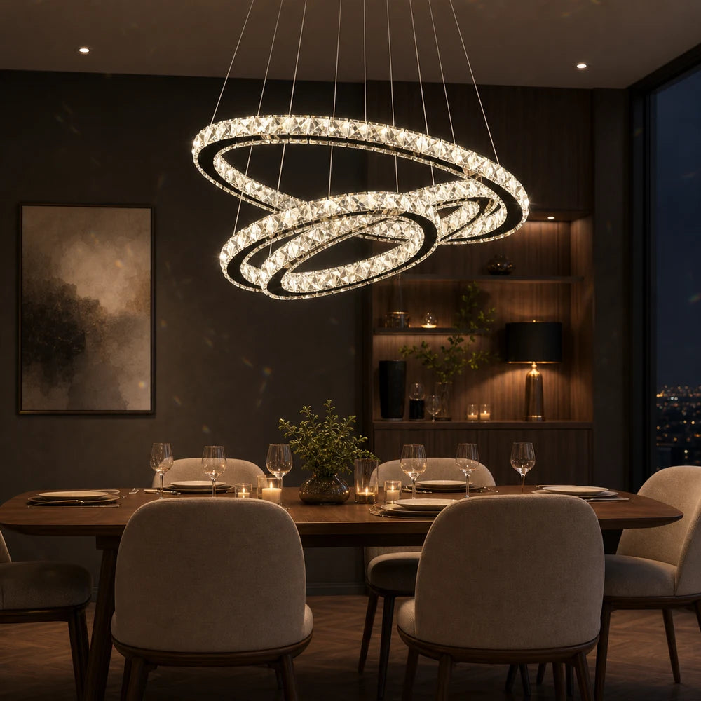 Závěsný LED lustr s dálkovým ovládáním a krystalem PRISM LUMINIS 79W, 3 kruhy, Studené/Teplé/Neutrální světlo, Stmívatelné, Chrom, Nastavitelná výška - 09_LT029.png