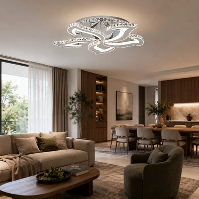 LED lustr s dálkovým ovládáním a krystalem Alejandro RGB 88W, 5 květů, studené/teplé/neutrální světlo, stmívatelný, lesklý chrom
