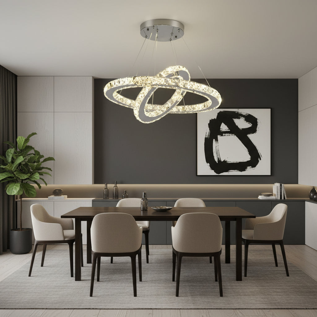 LED lustr s dálkovým ovládáním a krystalem PRISM LUMINIS 58W, 2 kruhy, studené/teplé/neutrální světlo, stmívatelné, chrom a bílá, nastavitelná výška LED lustry s dálkovým ovládáním Výchozí název Alessandro Design