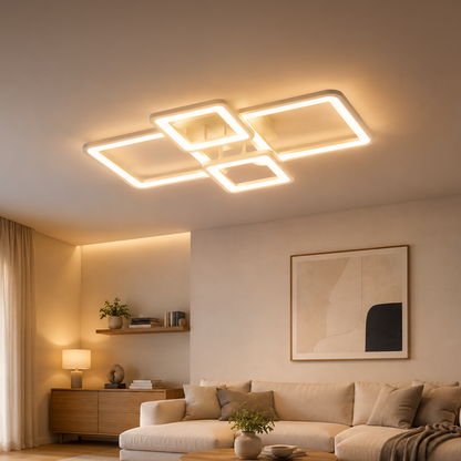 LED lustr s dálkovým ovládáním ELLA 67W, 4 čtverce, studené/teplé/neutrální světlo, stmívatelné, bílý LED lustr s dálkovým ovládáním Výchozí název Alessandro Design