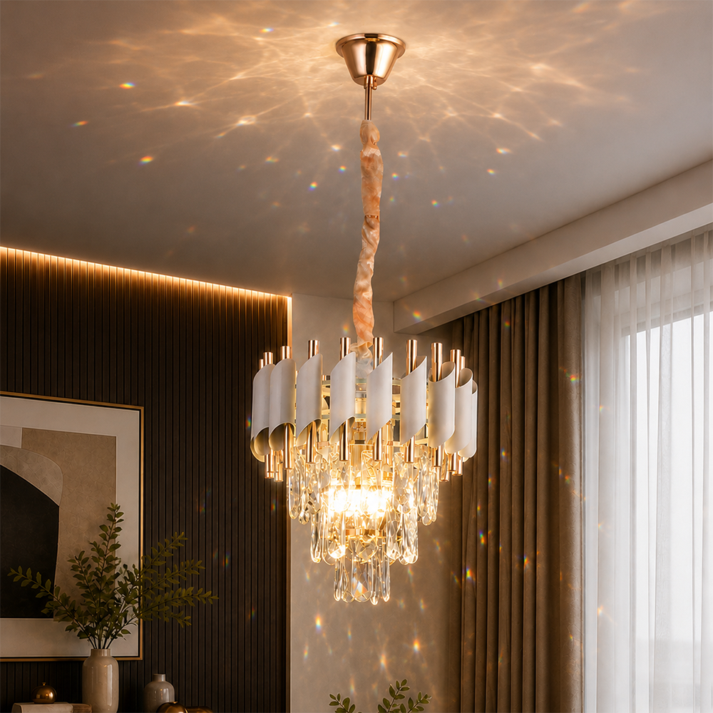 Křišťálový lustr VERSAILLES Petito 3xE14, průměr 30 cm, lesklá zlatá a bílá, nastavitelná výška, kov a křišťálové křišťálové lustry Výchozí název Alessandro Design