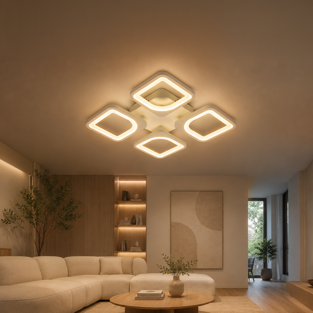 LED lustr s dálkovým ovládáním ZOE 53W, 4 čtverce, studené/teplé/neutrální světlo, stmívatelné, bílý LED lustr s dálkovým ovládáním Výchozí název Alessandro Design