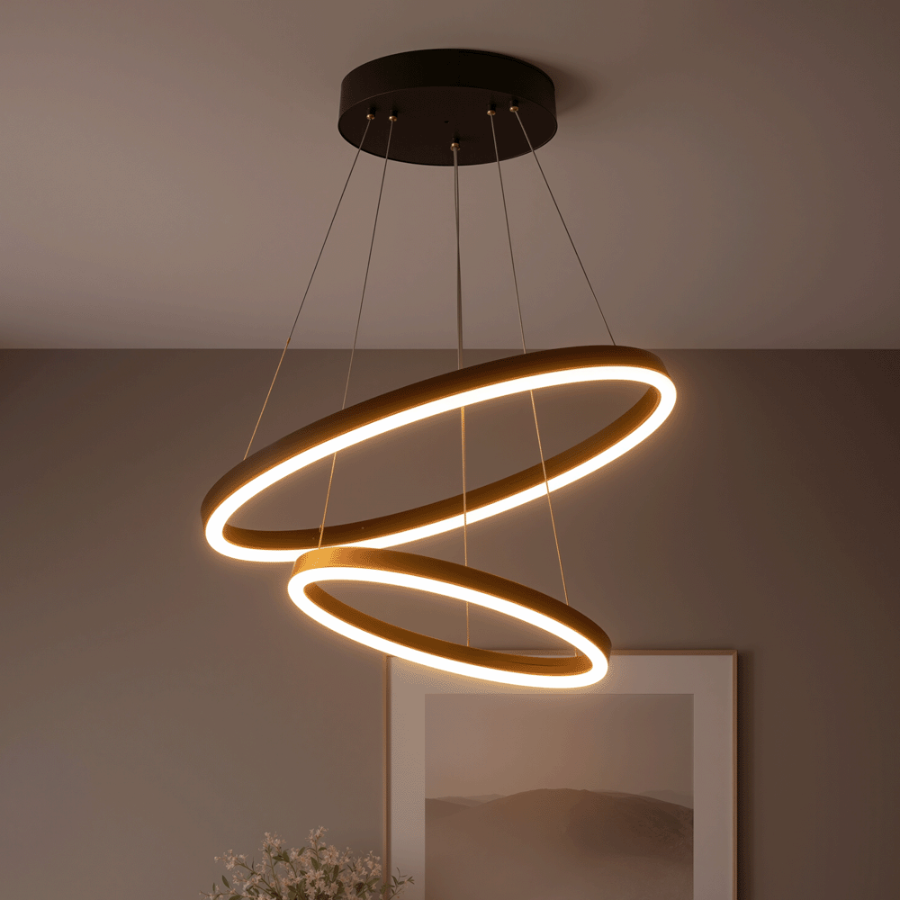 Závěsný LED lustr s dálkovým ovládáním CASIANA 40W, 2 kruhy, studené/teplé/neutrální světlo 3000K/4000K/6000K, stmívatelný, černý, nastavitelná výška, kovové a akrylové LED lustry s dálkovým ovládáním Výchozí název Alessandro Design