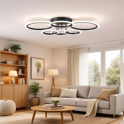 LED lustr s dálkovým ovládáním BETTY 82W, 6 kruhů, studené/teplé/neutrální světlo, stmívatelné, černé LED lustry s dálkovým ovládáním Výchozí název Alessandro Design