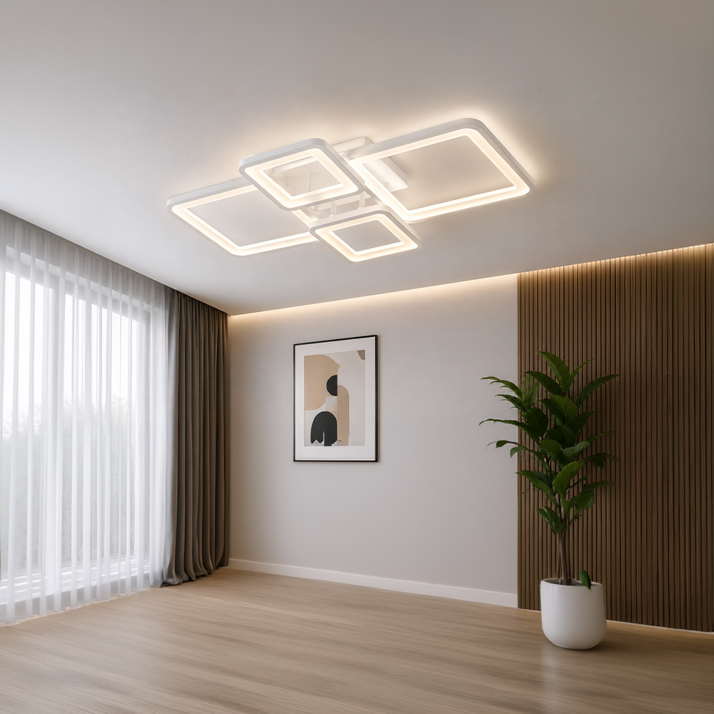 LED lustr s dálkovým ovládáním ELLA 67W, 4 čtverce, studené/teplé/neutrální světlo, stmívatelné, bílý LED lustr s dálkovým ovládáním Výchozí název Alessandro Design