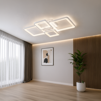 LED lustr s dálkovým ovládáním ELLA 67W, 4 čtverce, studené/teplé/neutrální světlo, stmívatelné, bílý LED lustr s dálkovým ovládáním Výchozí název Alessandro Design