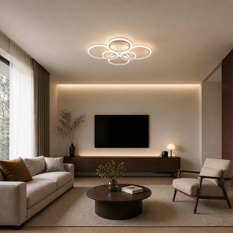 LED lustr s dálkovým ovládáním BETTY 82W, 6 kruhů, studené/teplé/neutrální světlo, stmívatelné, bílý LED lustr s dálkovým ovládáním Výchozí název Alessandro Design