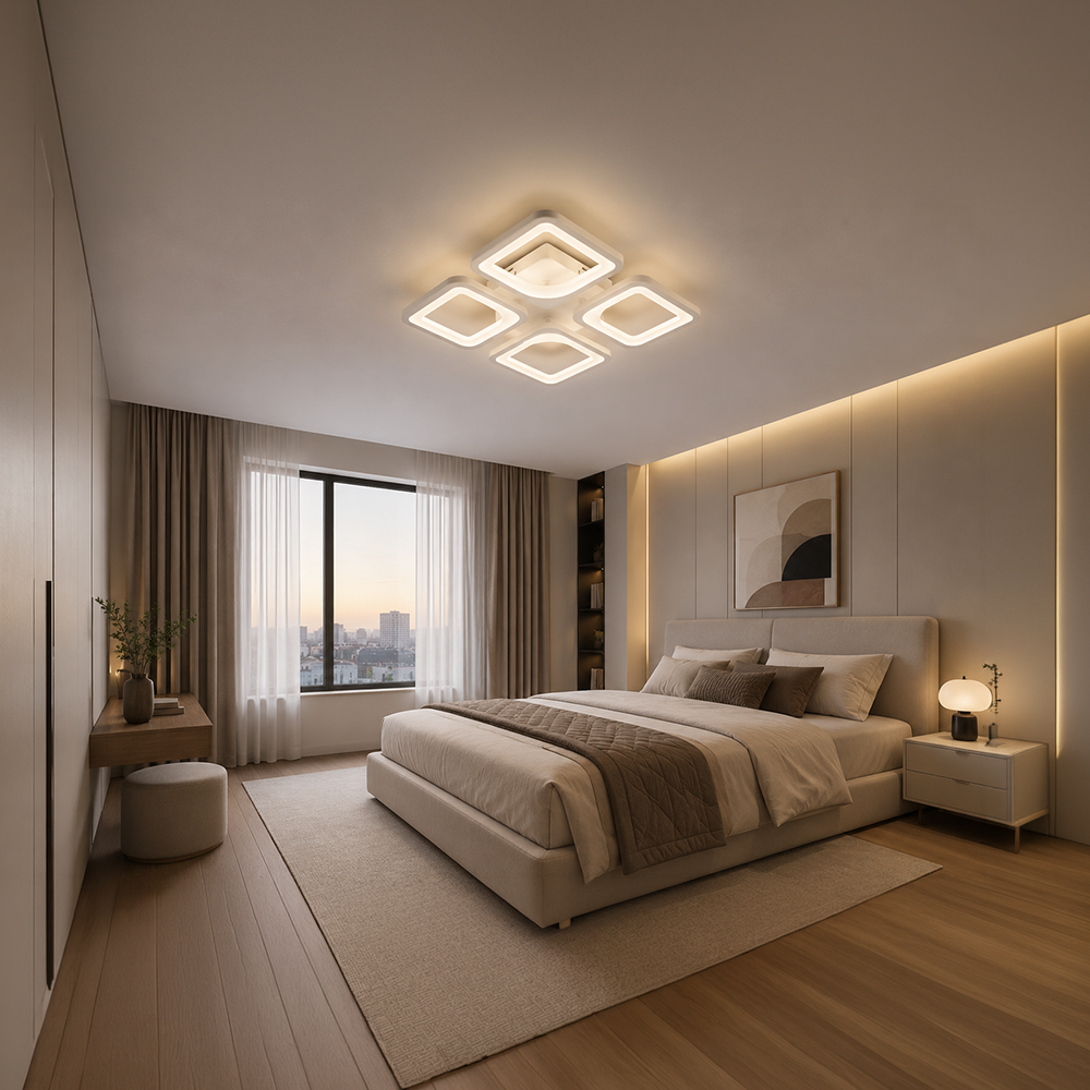LED lustr s dálkovým ovládáním ZOE 53W, 4 čtverce, studené/teplé/neutrální světlo, stmívatelné, bílý LED lustr s dálkovým ovládáním Výchozí název Alessandro Design