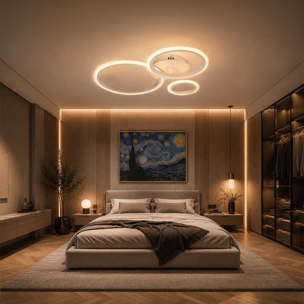 LED lustr s dálkovým ovládáním BETTY 40W, 3 kruhy, studené/teplé/neutrální světlo, stmívatelné, bílé, kovové a akrylové LED lustry s dálkovým ovládáním Výchozí název Alessandro Design