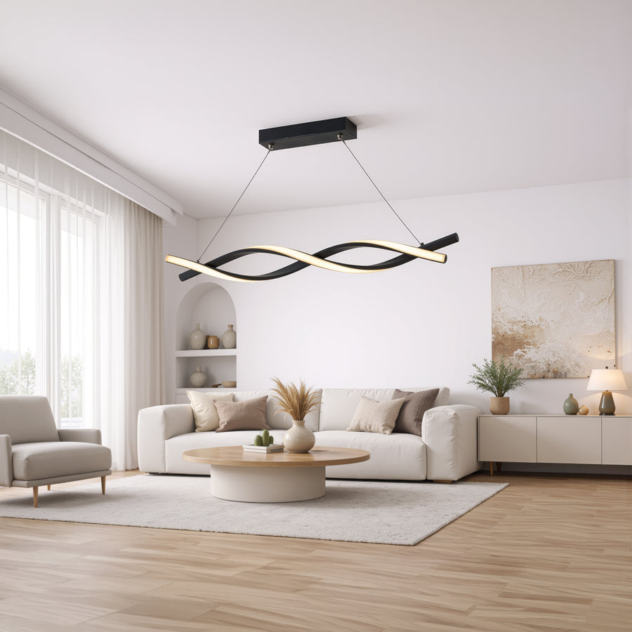 Závěsný LED lustr s dálkovým ovládáním, FLUX, 27W, 116cm, studené/teplé/neutrální světlo 3000K/4000K/6000K, stmívatelný, černý, nastavitelná výška, kovové a silikonové moderní lustry Výchozí název Design Alessandro