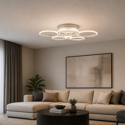 LED lustr s dálkovým ovládáním BETTY 82W, 6 kruhů, studené/teplé/neutrální světlo, stmívatelné, bílý LED lustr s dálkovým ovládáním Výchozí název Alessandro Design