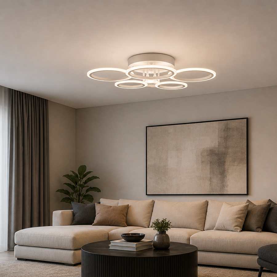 LED lustr s dálkovým ovládáním BETTY 82W, 6 kruhů, studené/teplé/neutrální světlo, stmívatelné, bílý LED lustr s dálkovým ovládáním Výchozí název Alessandro Design
