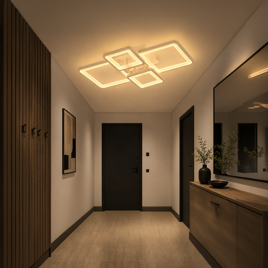 LED lustr s dálkovým ovládáním ELLA 67W, 4 čtverce, studené/teplé/neutrální světlo, stmívatelné, bílý LED lustr s dálkovým ovládáním Výchozí název Alessandro Design