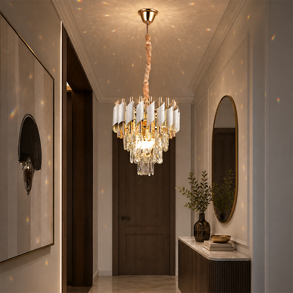 Křišťálový lustr VERSAILLES Petito 3xE14, průměr 30 cm, lesklá zlatá a bílá, nastavitelná výška, kov a křišťálové křišťálové lustry Výchozí název Alessandro Design