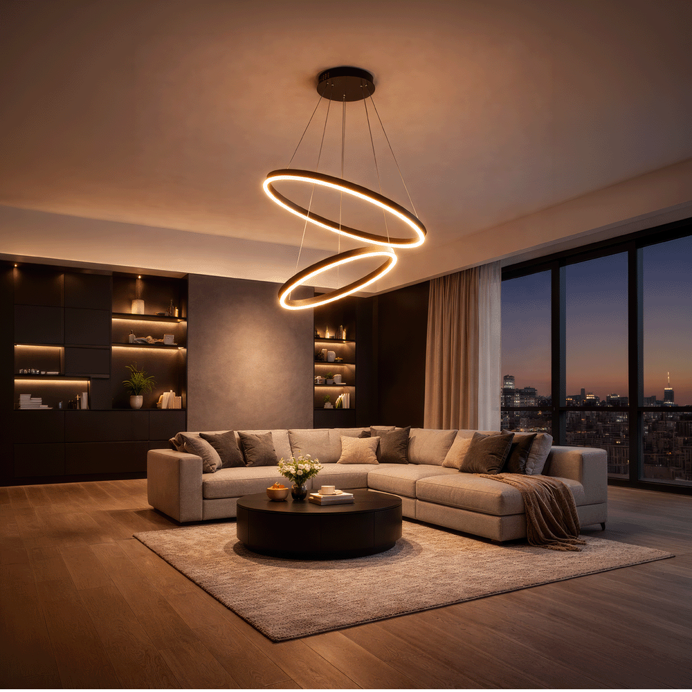 Závěsný LED lustr s dálkovým ovládáním CASIANA 40W, 2 kruhy, studené/teplé/neutrální světlo 3000K/4000K/6000K, stmívatelný, černý, nastavitelná výška, kovové a akrylové LED lustry s dálkovým ovládáním Výchozí název Alessandro Design