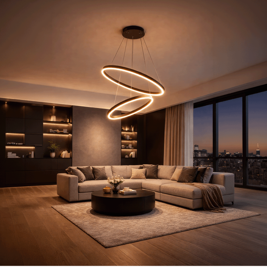 Závěsný LED lustr s dálkovým ovládáním CASIANA 40W, 2 kruhy, studené/teplé/neutrální světlo 3000K/4000K/6000K, stmívatelný, černý, nastavitelná výška, kovové a akrylové LED lustry s dálkovým ovládáním Výchozí název Alessandro Design