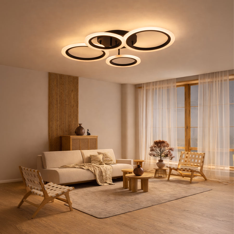 LED lustr s dálkovým ovládáním BETTY 43W, 4 kruhy, studené/teplé/neutrální světlo, stmívatelné, černé LED lustry s dálkovým ovládáním Výchozí název Alessandro Design