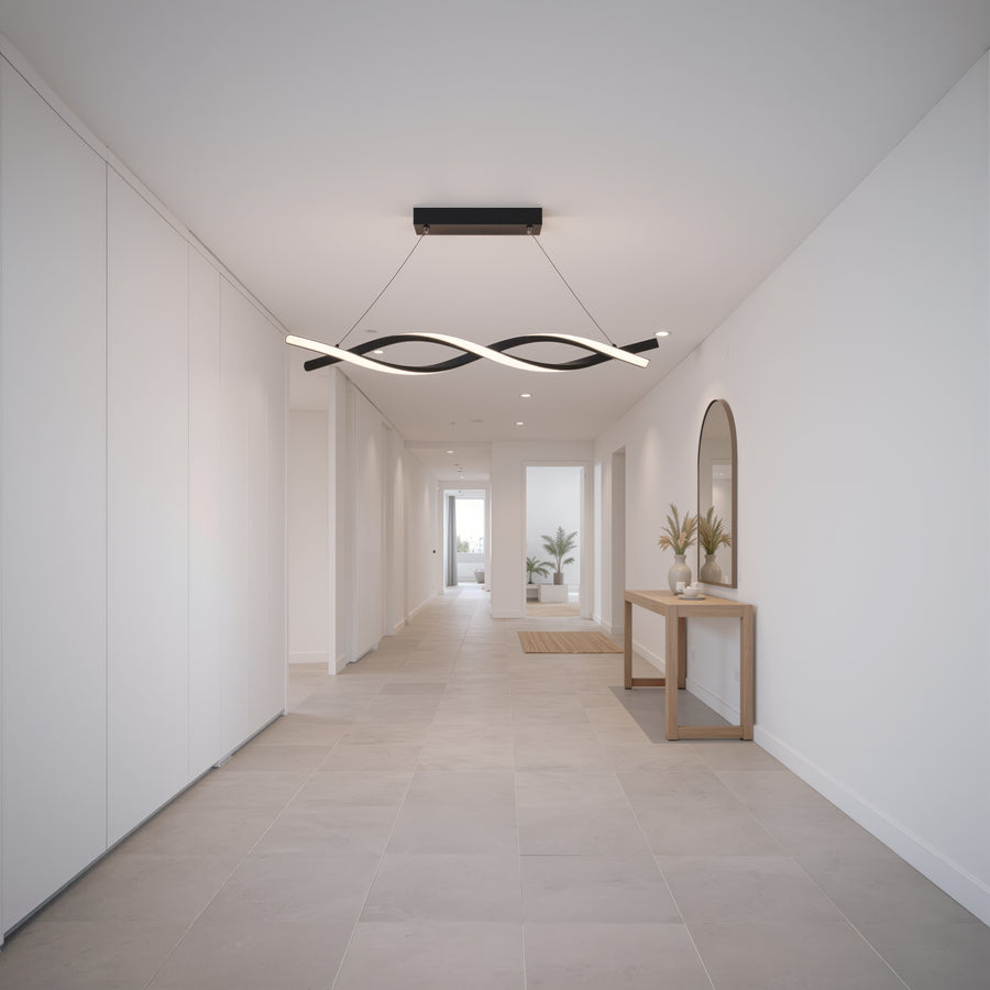 Závěsný LED lustr s dálkovým ovládáním, FLUX, 27W, 116cm, studené/teplé/neutrální světlo 3000K/4000K/6000K, stmívatelný, černý, nastavitelná výška, kovové a silikonové moderní lustry Výchozí název Design Alessandro