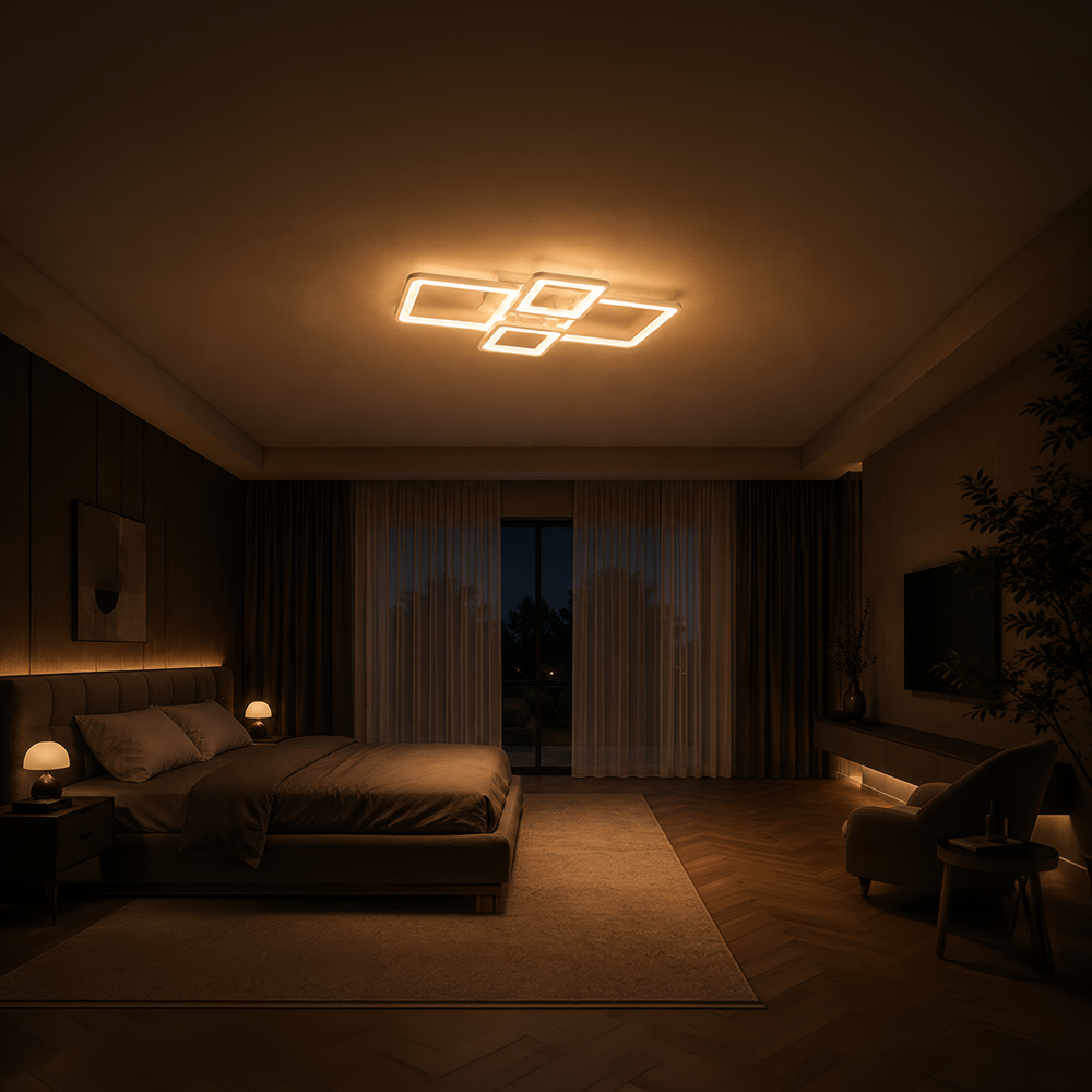 LED lustr s dálkovým ovládáním ELLA 67W, 4 čtverce, studené/teplé/neutrální světlo, stmívatelné, bílý LED lustr s dálkovým ovládáním Výchozí název Alessandro Design