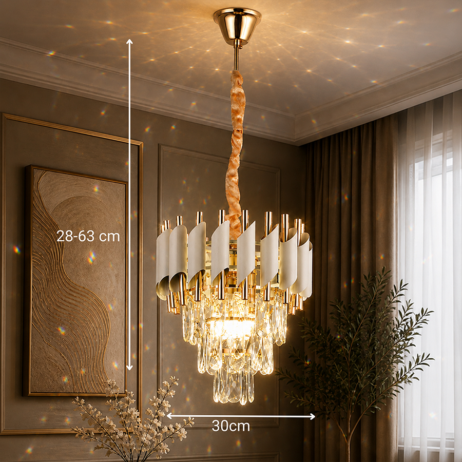 Křišťálový lustr VERSAILLES Petito 3xE14, průměr 30 cm, lesklá zlatá a bílá, nastavitelná výška, kov a křišťálové křišťálové lustry Výchozí název Alessandro Design
