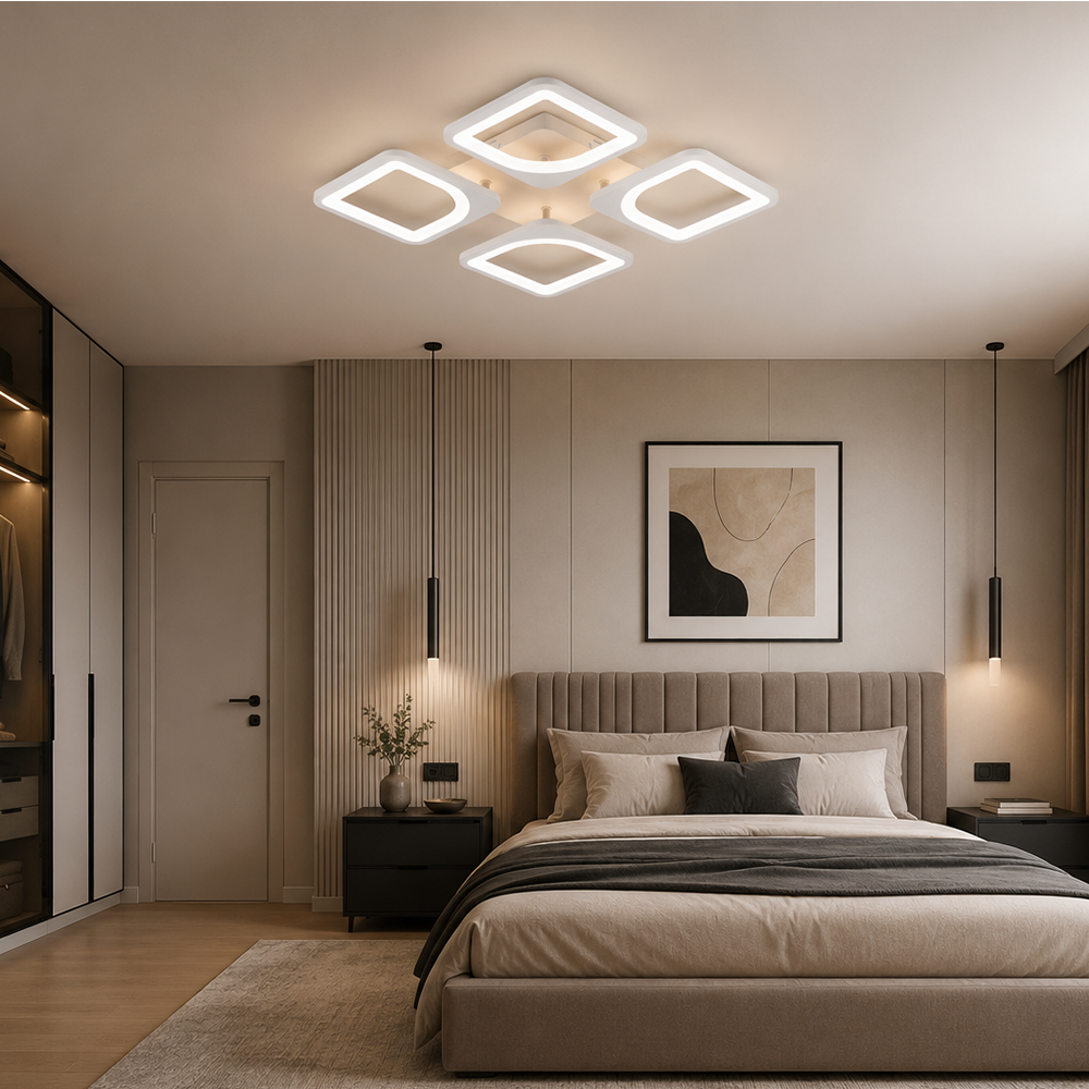 LED lustr s dálkovým ovládáním ZOE 53W, 4 čtverce, studené/teplé/neutrální světlo, stmívatelné, bílý LED lustr s dálkovým ovládáním Výchozí název Alessandro Design