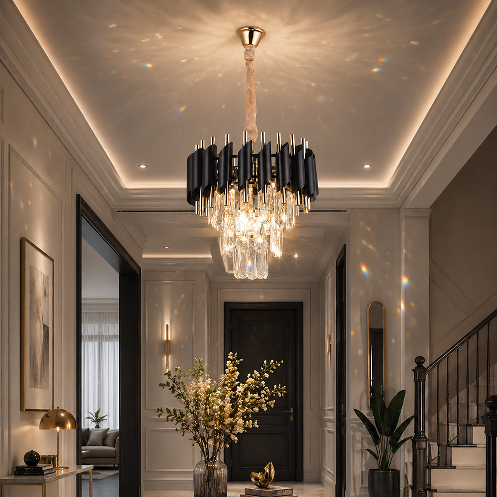 Křišťálový lustr VERSAILLES Petito 3xE14, průměr 30 cm, lesklá zlatá a černá, nastavitelná výška Křišťálový lustr Výchozí název Alessandro Design