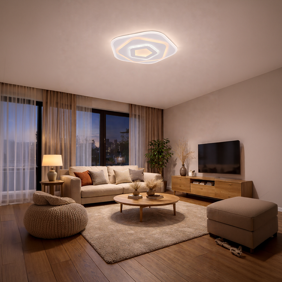 LED lustr s dálkovým ovládáním PENTAGON 59W, 40cm, studené/teplé/neutrální světlo 3000K/4000K/6000K, bílé, kovové a akrylové LED lustry s dálkovým ovládáním Výchozí název Alessandro Design