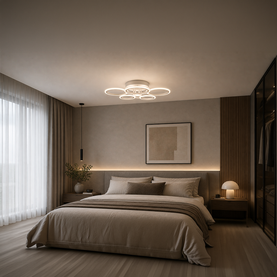 LED lustr s dálkovým ovládáním BETTY 82W, 6 kruhů, studené/teplé/neutrální světlo, stmívatelné, bílý LED lustr s dálkovým ovládáním Výchozí název Alessandro Design