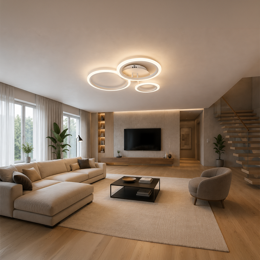 LED lustr s dálkovým ovládáním BETTY 40W, 3 kruhy, studené/teplé/neutrální světlo, stmívatelné, bílé, kovové a akrylové LED lustry s dálkovým ovládáním Výchozí název Alessandro Design