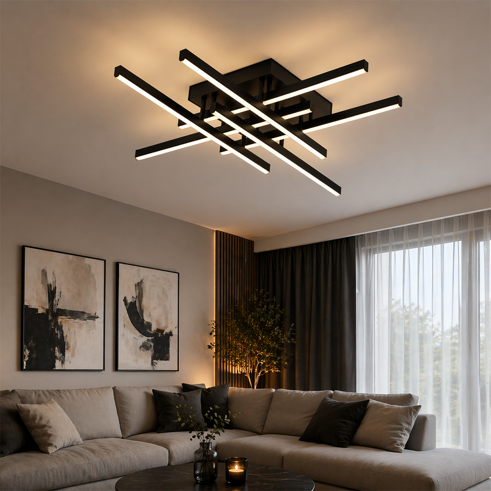 LED lustr s dálkovým ovládáním LINEX, 81W, 6 prvků, lineární, studené/teplé/neutrální světlo, stmívatelné, černé LED lustry s dálkovým ovládáním Výchozí název Alessandro Design
