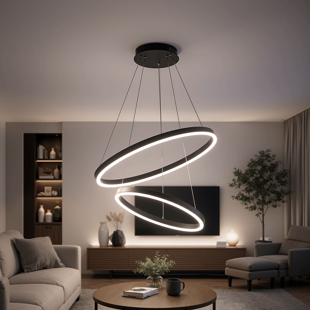 Závěsný LED lustr s dálkovým ovládáním CASIANA 40W, 2 kruhy, studené/teplé/neutrální světlo 3000K/4000K/6000K, stmívatelný, černý, nastavitelná výška, kovové a akrylové LED lustry s dálkovým ovládáním Výchozí název Alessandro Design