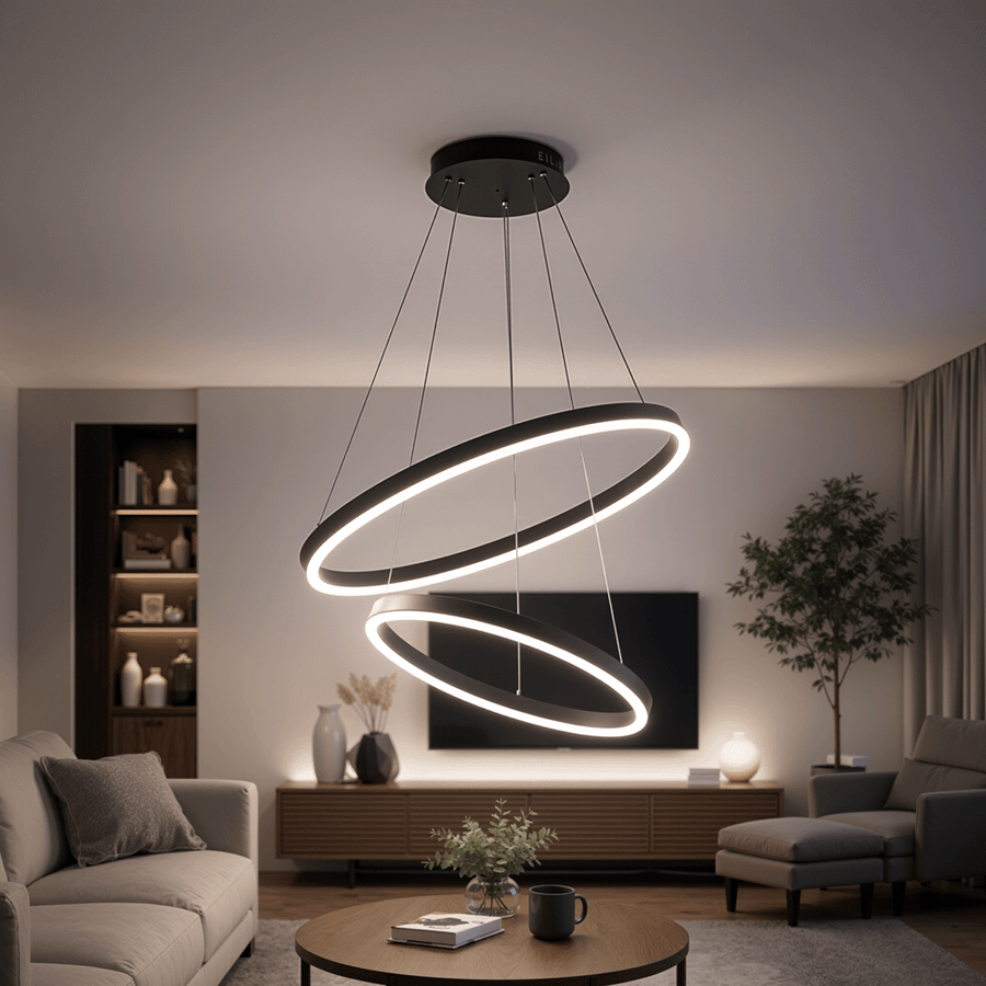 Závěsný LED lustr s dálkovým ovládáním CASIANA 40W, 2 kruhy, studené/teplé/neutrální světlo 3000K/4000K/6000K, stmívatelný, černý, nastavitelná výška, kovové a akrylové LED lustry s dálkovým ovládáním Výchozí název Alessandro Design