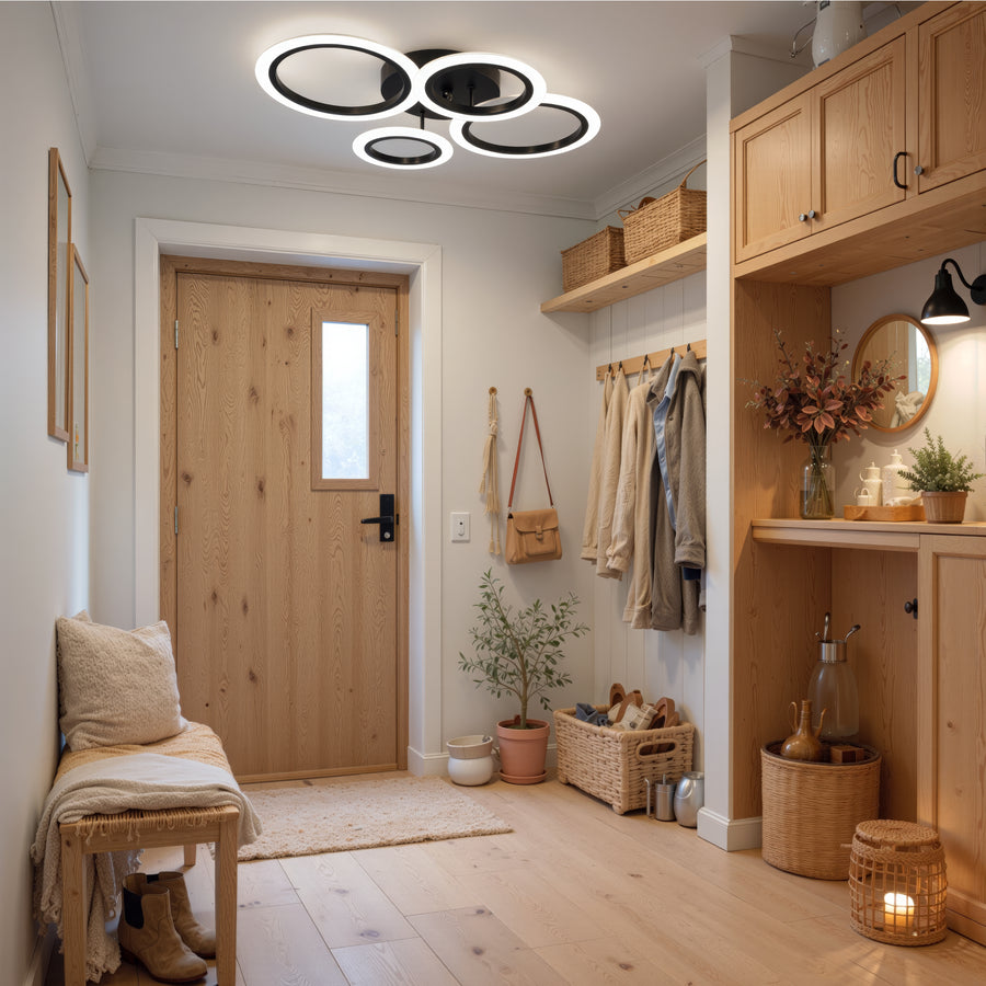 LED lustr s dálkovým ovládáním BETTY 43W, 4 kruhy, studené/teplé/neutrální světlo, stmívatelné, černé LED lustry s dálkovým ovládáním Výchozí název Alessandro Design
