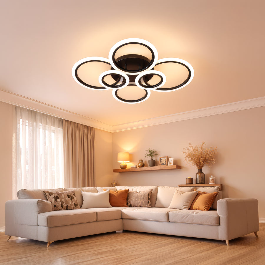 LED lustr s dálkovým ovládáním BETTY 82W, 6 kruhů, studené/teplé/neutrální světlo, stmívatelné, černé LED lustry s dálkovým ovládáním Výchozí název Alessandro Design