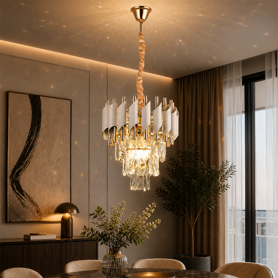 Křišťálový lustr VERSAILLES Petito 3xE14, průměr 30 cm, lesklá zlatá a bílá, nastavitelná výška, kov a křišťálové křišťálové lustry Výchozí název Alessandro Design