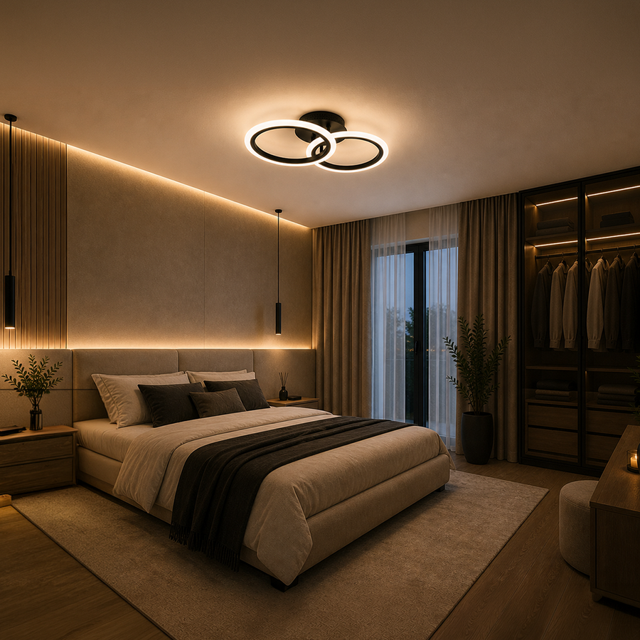 LED lustr s dálkovým ovládáním BETTY 27W, 2 kruhy, studené/teplé/neutrální světlo, stmívatelné, černé LED lustry s dálkovým ovládáním Výchozí název Alessandro Design