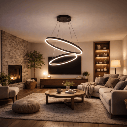 Závěsný LED lustr s dálkovým ovládáním CASIANA 40W, 2 kruhy, studené/teplé/neutrální světlo 3000K/4000K/6000K, stmívatelný, černý, nastavitelná výška, kovové a akrylové LED lustry s dálkovým ovládáním Výchozí název Alessandro Design