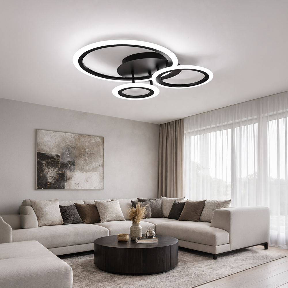 LED lustr s dálkovým ovládáním BETTY 40W, 3 kruhy, studené/teplé/neutrální světlo, stmívatelné, černé LED lustry s dálkovým ovládáním Výchozí název Alessandro Design