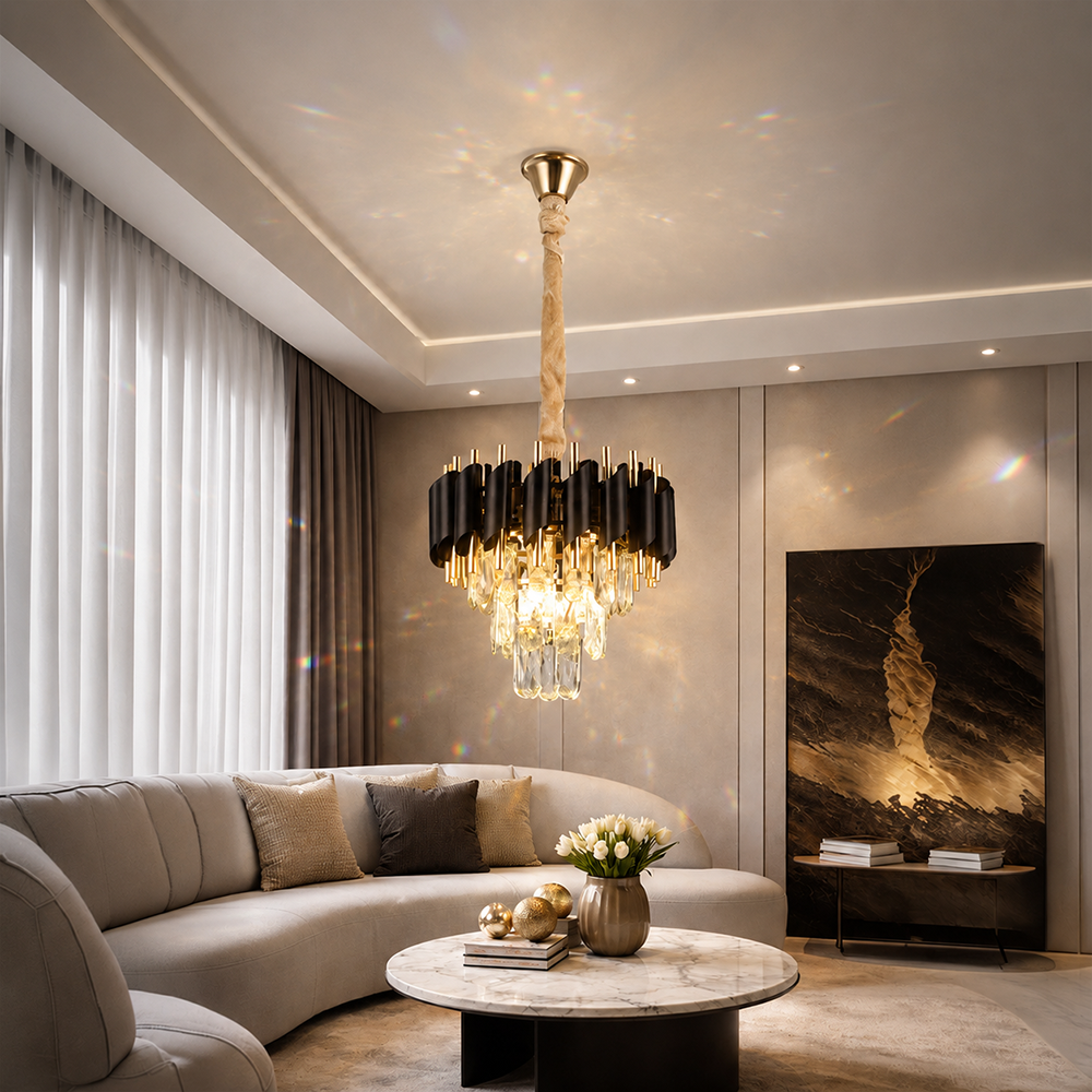 Křišťálový lustr VERSAILLES Petito 3xE14, průměr 30 cm, lesklá zlatá a černá, nastavitelná výška Křišťálový lustr Výchozí název Alessandro Design