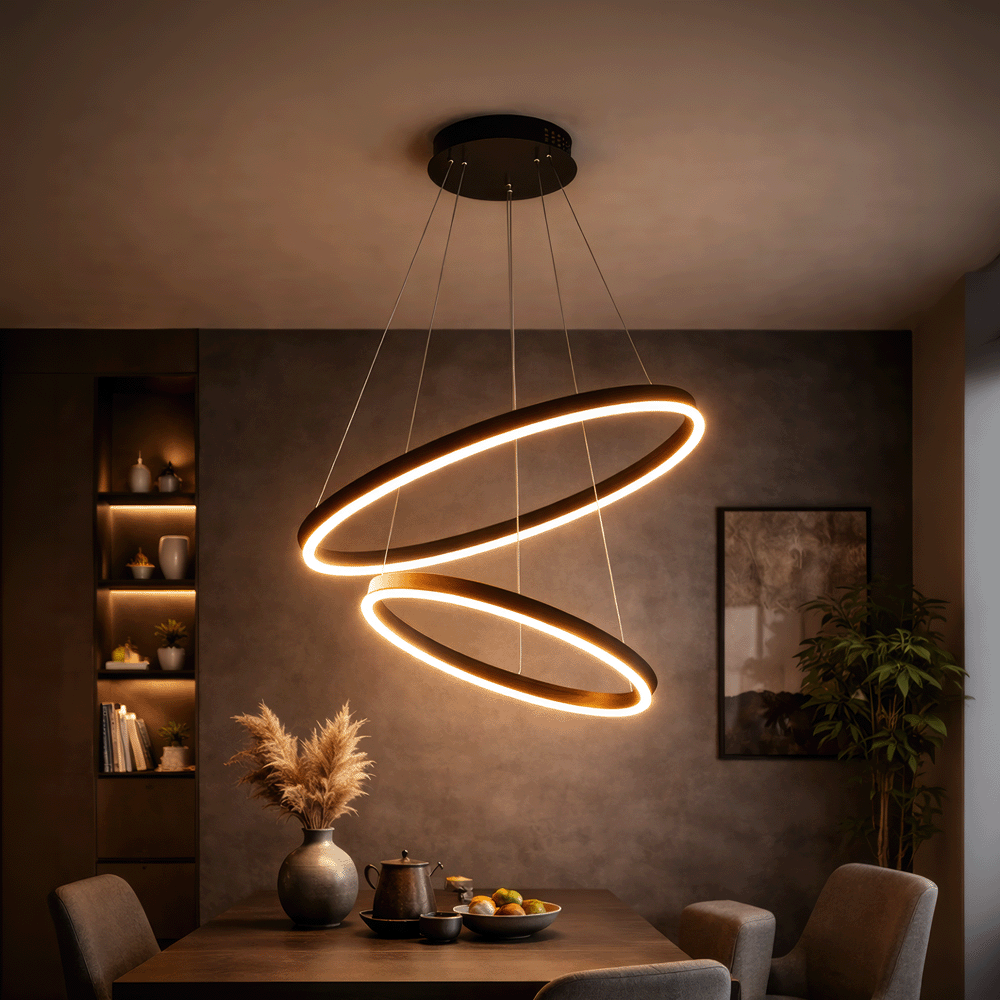 Závěsný LED lustr s dálkovým ovládáním CASIANA 40W, 2 kruhy, studené/teplé/neutrální světlo 3000K/4000K/6000K, stmívatelný, černý, nastavitelná výška, kovové a akrylové LED lustry s dálkovým ovládáním Výchozí název Alessandro Design