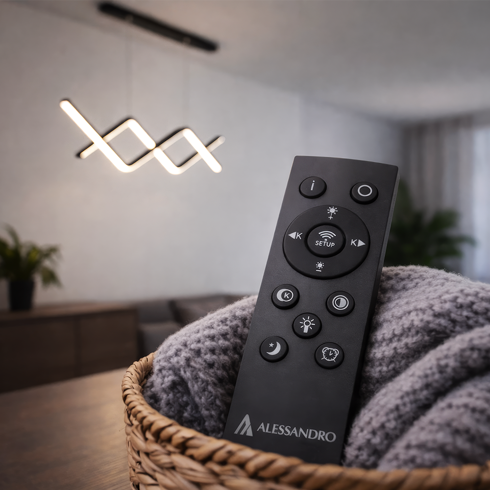 Závěsný LED lustr s dálkovým ovládáním ZIGZAG 27W, studené/teplé/neutrální světlo, stmívatelné, černé, výškově nastavitelné LED lustry s dálkovým ovládáním Výchozí název Alessandro Design