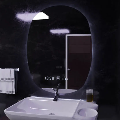 Oválné LED zrcadlo, 60x80cm, Ranya Marcello MotionGlow senzor, Odmlžovací systém, Hodiny a teploměr, Dimabila Marcello zrcadla Výchozí název Alessandro Design