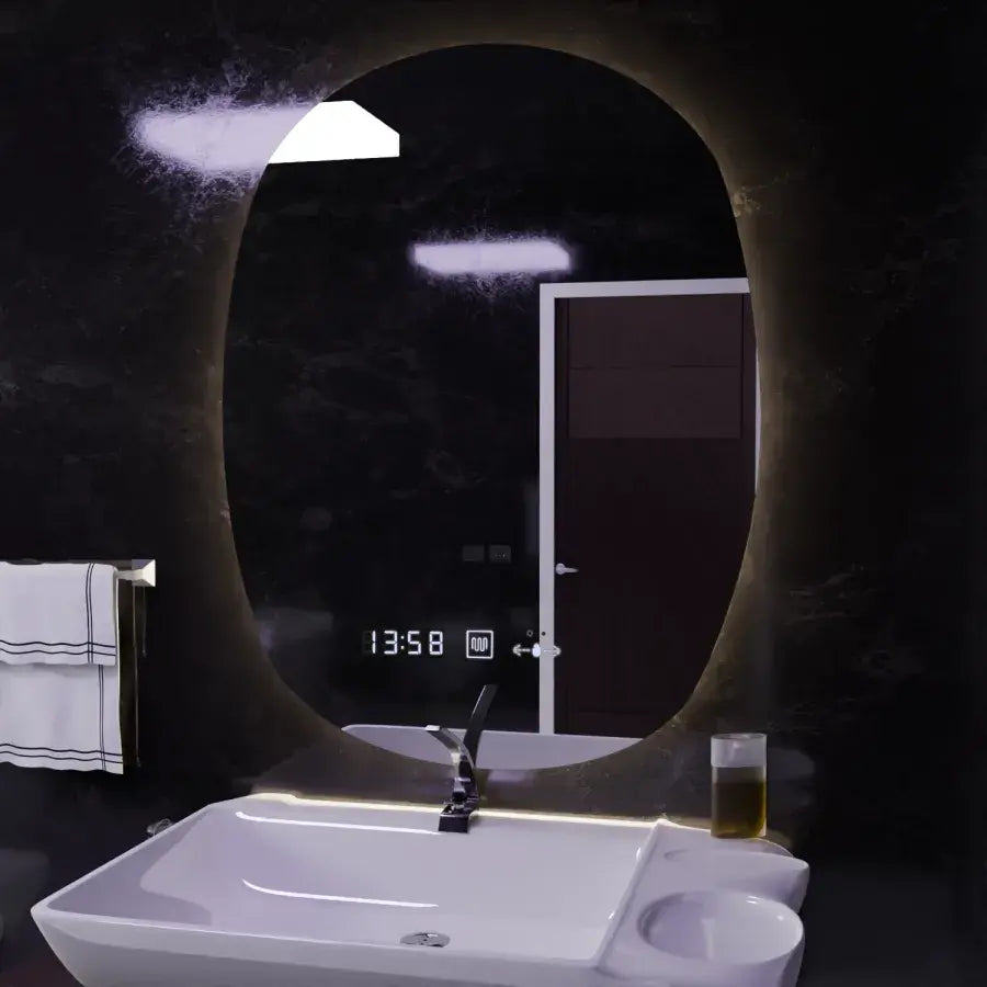 Oválné LED zrcadlo, 60x80cm, Ranya Marcello MotionGlow senzor, Odmlžovací systém, Hodiny a teploměr, Dimabila Marcello zrcadla Výchozí název Alessandro Design