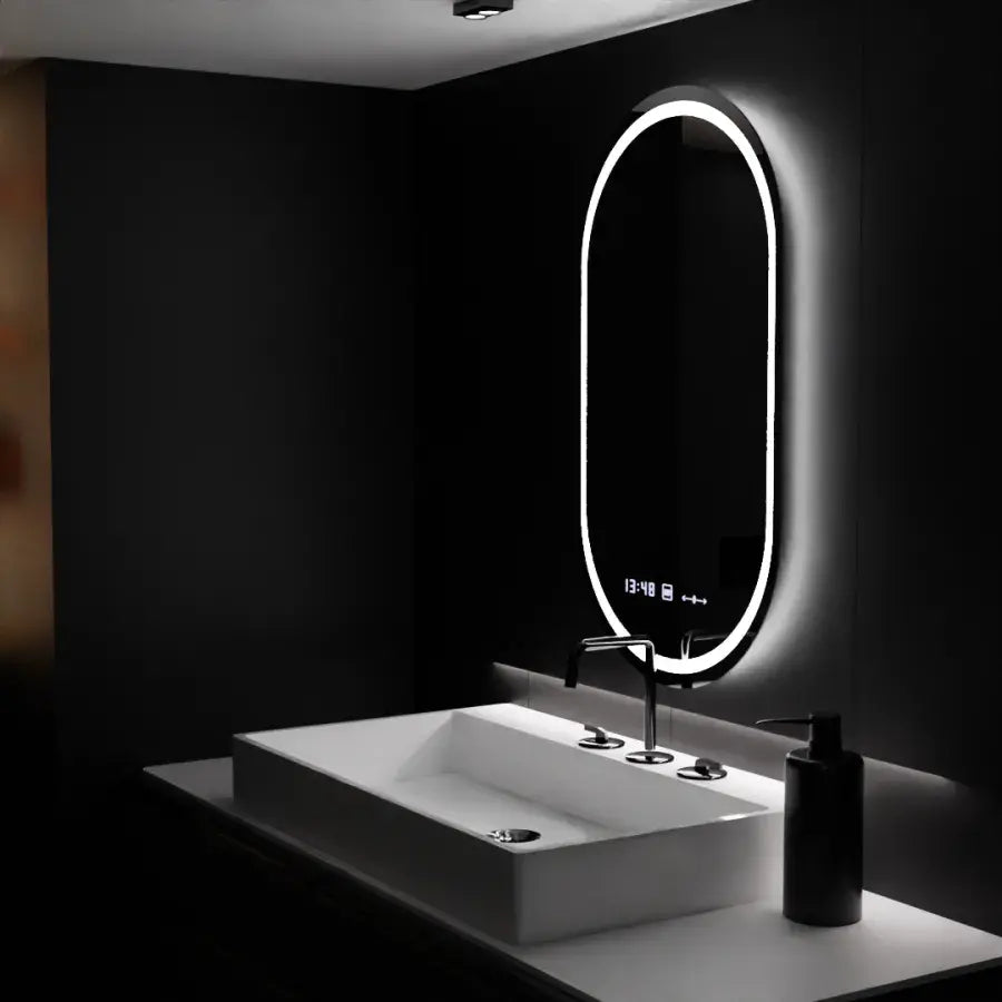 Oválné LED zrcadlo, 60x80cm, Eminence MotionGlow Marcello, systém odmlžování, hodiny a teploměr, stmívatelná zrcátka Marcello Výchozí název Alessandro Design