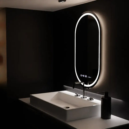 Oválné LED zrcadlo, 60x80cm, Eminence MotionGlow Marcello, systém odmlžování, hodiny a teploměr, stmívatelná zrcátka Marcello Výchozí název Alessandro Design