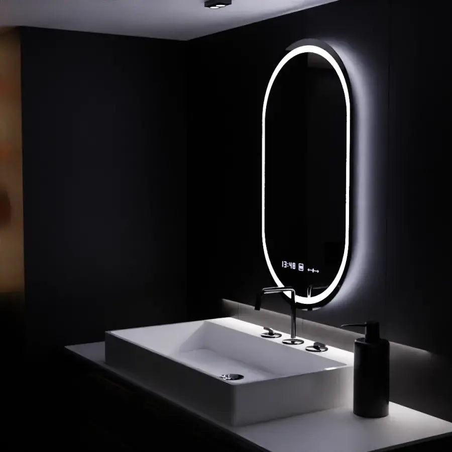 Oválné LED zrcadlo, 60x80cm, Eminence MotionGlow Marcello, systém odmlžování, hodiny a teploměr, stmívatelná zrcátka Marcello Výchozí název Alessandro Design