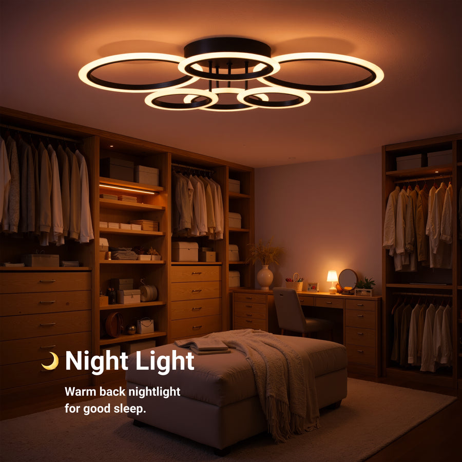 LED lustr s dálkovým ovládáním BETTY 82W, 6 kruhů, studené/teplé/neutrální světlo, stmívatelné, černé LED lustry s dálkovým ovládáním Výchozí název Alessandro Design