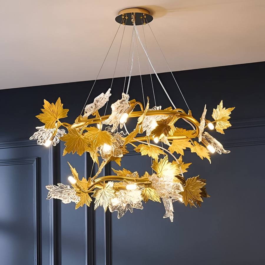 Candelabru Modern, LEAFORA Regalis, 2 cercuri, 12xE14, Diametru 80cm, Auriu, Inaltime Reglabila, Metal si Cristal Candelabre Moderne Default Title Alessandro Design